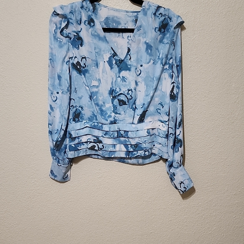White House Black Market Blue Wrap Blouse with Mandarin Collar and Long Sleeves